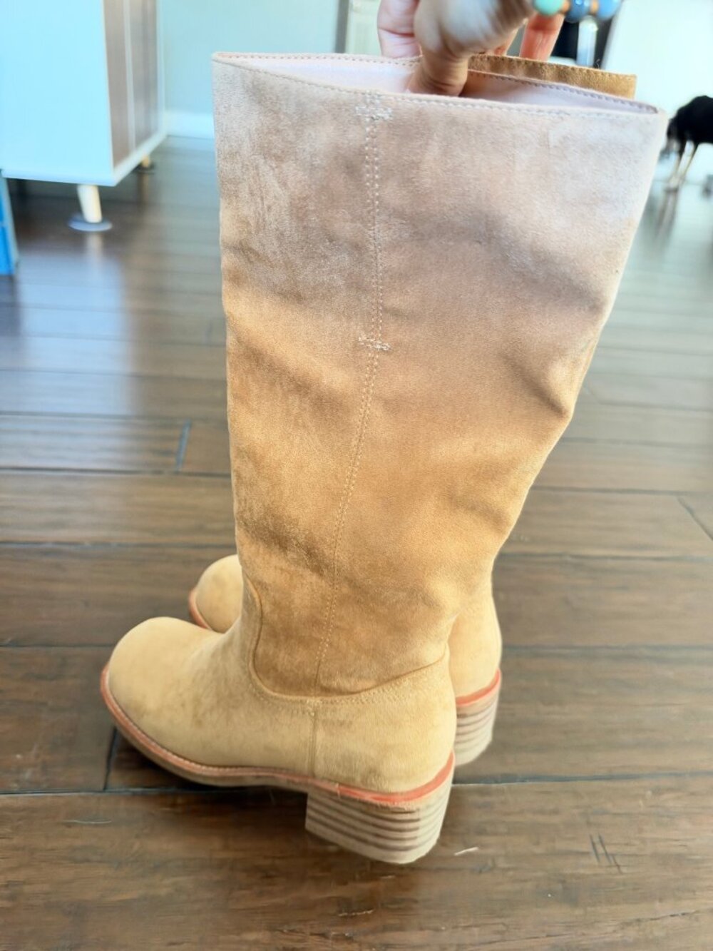 Tan Suede Knee High Boots Womens 6.5 Stacked Block Heel Pull On Used